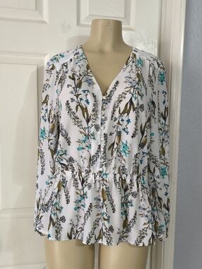 Worthington White Floral Peplum Blouse - Turquoise & Olive Pit To Pit 23 Inch